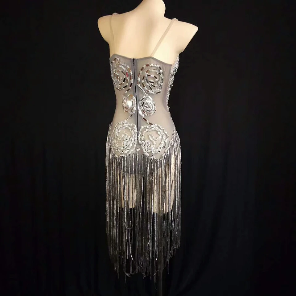 Блестящее боди с бахромой и серебристыми кристаллами для женщин прозрачное дня