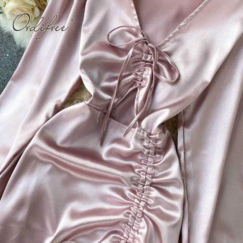 

2021 Summer Women Satin Party Dress Long Sleeve Silk Shiny Drawstring Sexy Bodycon Ruffle Mini Dress