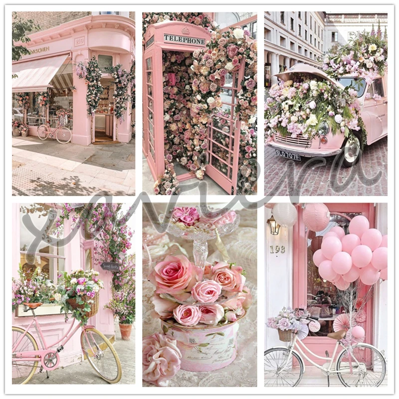 

5D Diamond Painting French Street Landscape Embroidery Pink Rose Bicycle Eiffel Tower Diy Full Square Cross Stitch Mosaic Crafts