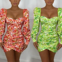 skmy women clothing mini dress new 2021 spring and autumn long sleeve square collar floral printed sexy dress party clubwear