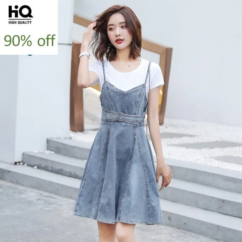 Летнее корейское женское джинсовое платье трапециевидной формы без рукавов на