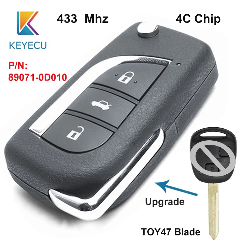 KEYECU Relacement модернизированный дистанционный брелок 3 кнопки 433 мгц 4C чип TOY47 лезвие для Toyota Yaris Avensis P/N: 89071-0D010