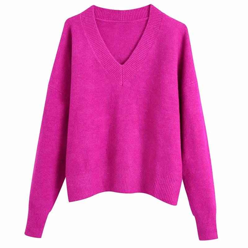 

2021 Simply Women V Neck Casual Purple Knitting Sweater Soft Touch Female Chic Basic Office Sweaters Long Sleeve Pullovers Tops
