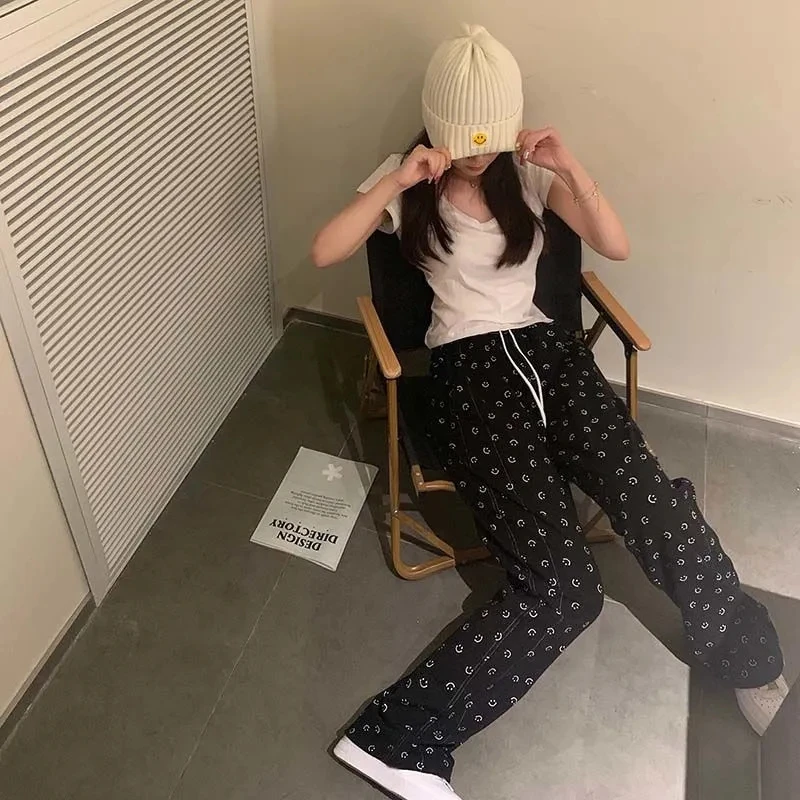 

Wide Leg Pants Women Smile Pattern Printed High Waist Korean Fashion Streetwear Black Casual Women's Loose Pants Free Shipping