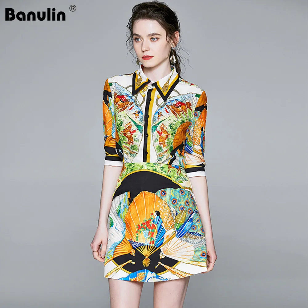

Banulin 2020 Summer Runway Designer Skirts Suit Women's Vintage Animal Floral Print Blouse and Mini Skirt Two Pieces Set
