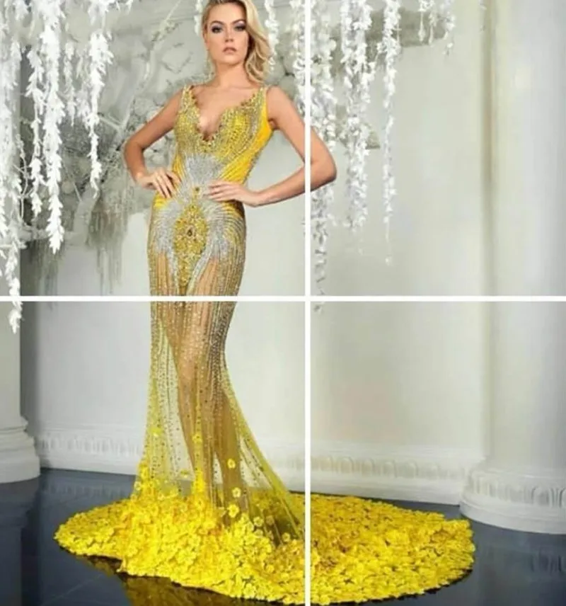 

Luxurious Mermaid Prom Dresses 2022 Beaded Crystals V-neck Illusion Backless Evening Formal Party Gowns Custom Make