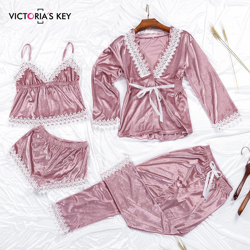 Викторианский ключ розовый бархат женский халат и платье наборы кружева Cami брюки