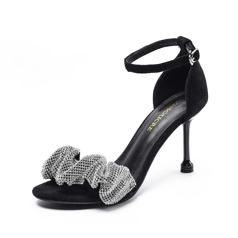 

Velvet Shoes Bling Bling High Heel Sandal for Women Suit Female Beige 2021 Summer Suede Bright High-heeled Girls Black Stiletto