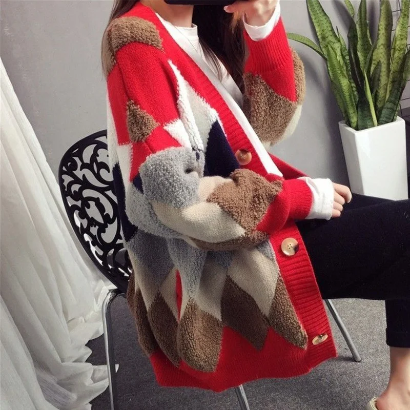 

Autumn Women Sweater Cardigan Fashion Cashmere Jacket Loose Korean Style Version Thick Warm Knitted Geometric Sweater Coat