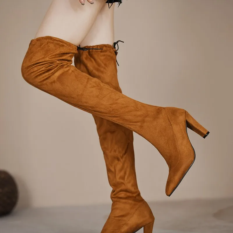 

Женские сапоги выше колена с острым носком, черные эластичные сапоги из флока на тонком каблуке, модные ботфорты, 2021
