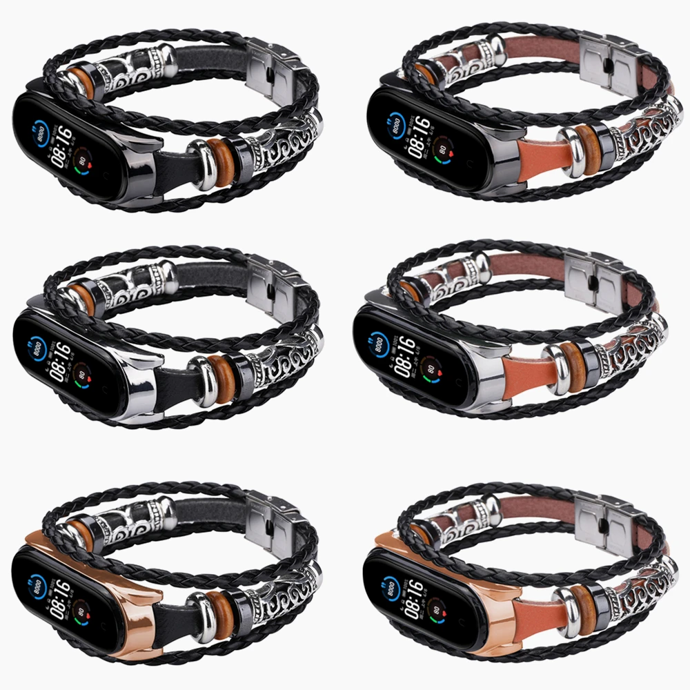 Ремешок кожаный для Xiaomi Mi Band 6 5 модный сменный Браслет с бисером 4 3 винтажный