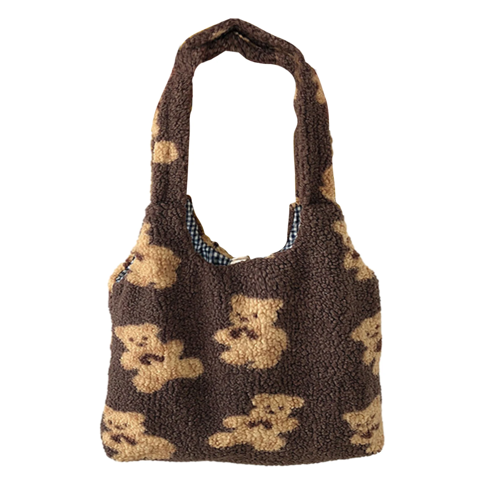 

Женская плюшевая сумка через плечо, теплая тканевая сумка, мягкая сумка-тоут, вместительные сумки для покупок, сумки с милым медведем для кн...