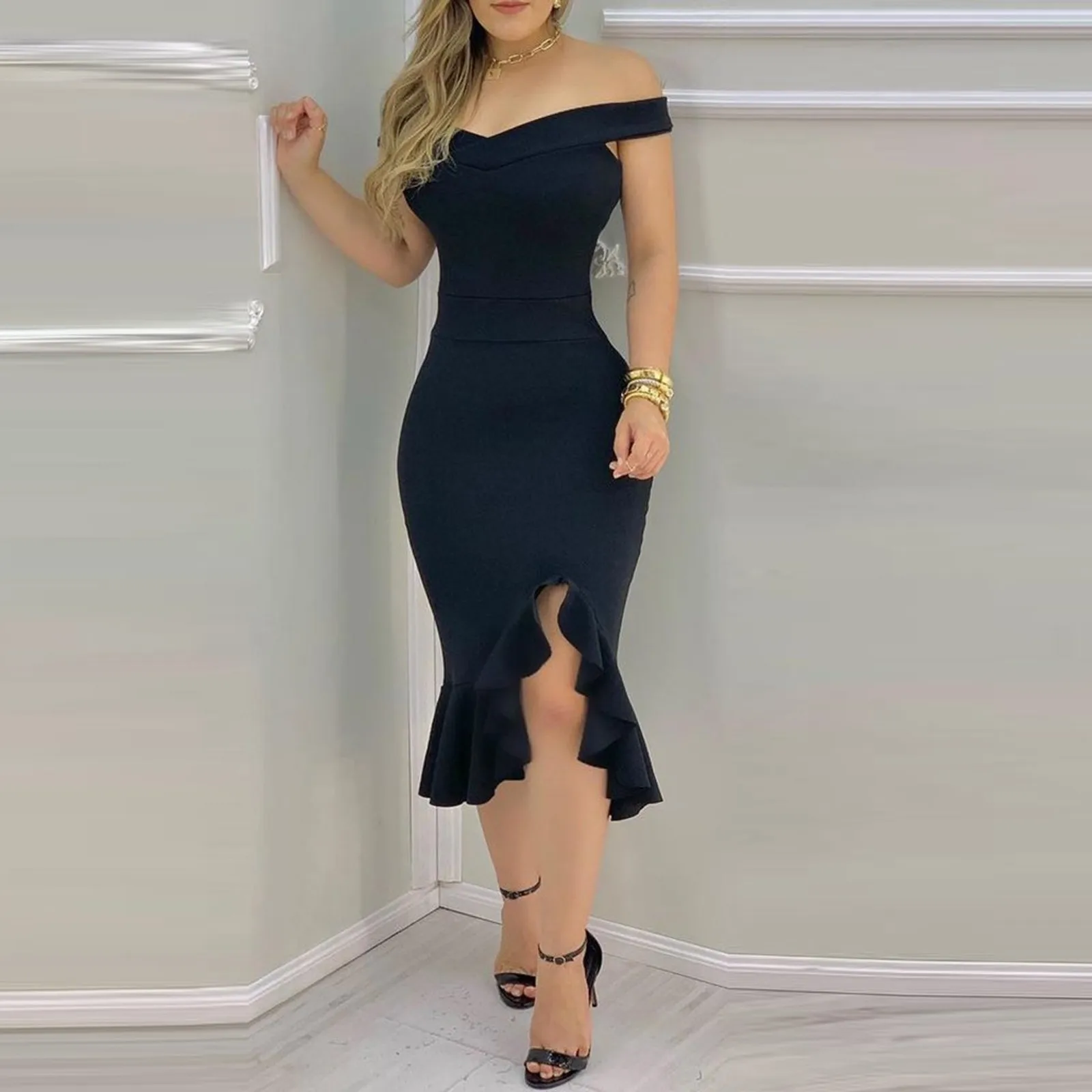 

Women Plain Off Shoulder Ruffle Hem Slit Dress Maxi Dress Bodycon Dress Sexy Dress Elegant Evening Party Outfits Femme Vestidos