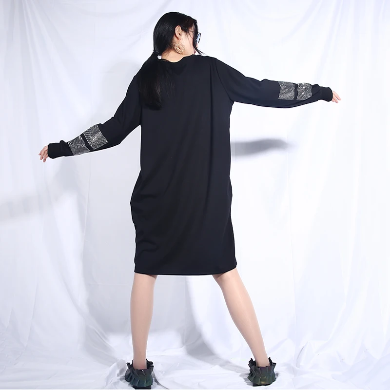 LANMREM 2021 High Quality Rhinestone Patchwork Round Collar Large Size Black Dresses For Women Long Sleeve Loose Clothing JC332 | Женская