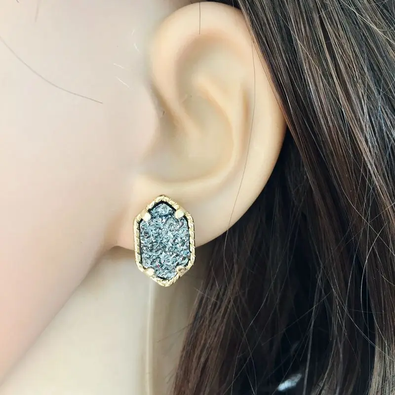 Золота овальной Стиль Агат Drusy серьги-гвоздики с шестигранной головкой смолы