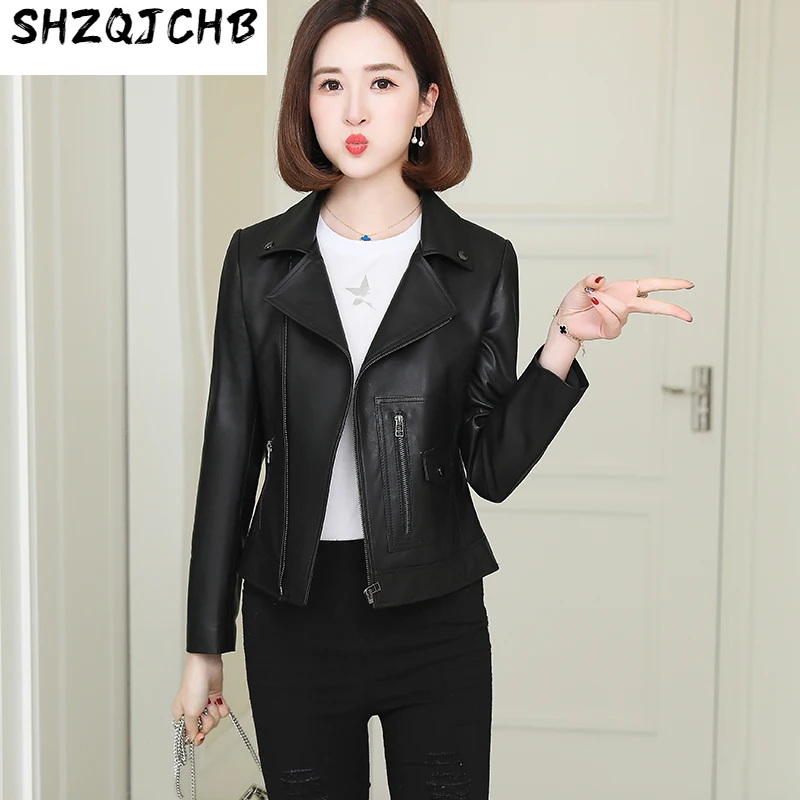 

SHZQ новая кожаная одежда женская короткая мотоциклетная одежда наклонная молния куртка из овечьей кожи облегающее пальто