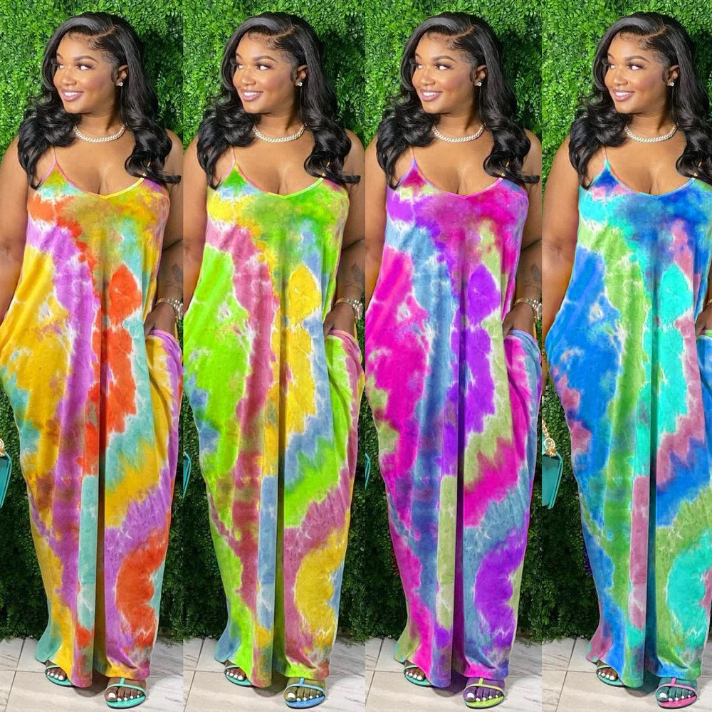 

Summer Rainbow Tie Dye Print Beach Long Dress Summer Dresses for Women Spaghetti Strap Sleeveless Backless Holiday Boho Dress