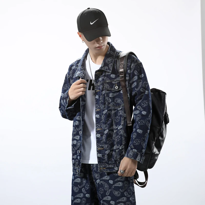 

2020 autumn and winter new Fashion hip-hop print denim jacket Men's cotton casual hip-hop street loose denim jacket