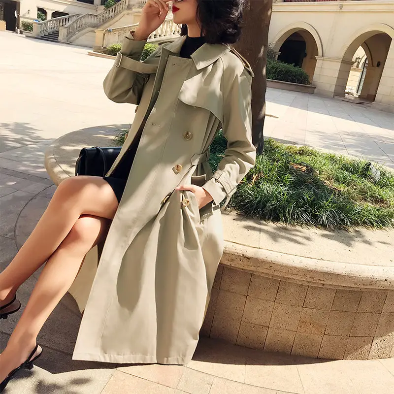 

Khaki Windbreaker Female Spring Autumn Trench Mujer New Korean Temperament Double-breasted Women Long Trench Femme Coat f1980
