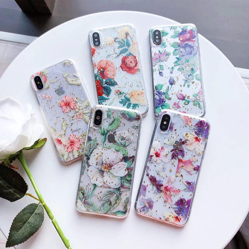 Для iPhone 6 6s 7 8 Plus 10 X XS XR Max Цветочный блеск блестящий золотой фольгой прозрачный