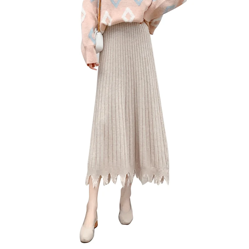 

2020 Autumn Winter Women Knitted Skirts Korean Chic Clothes One Size Warm Skirts All-Match Tassel High Waist Bottom Black Skirt
