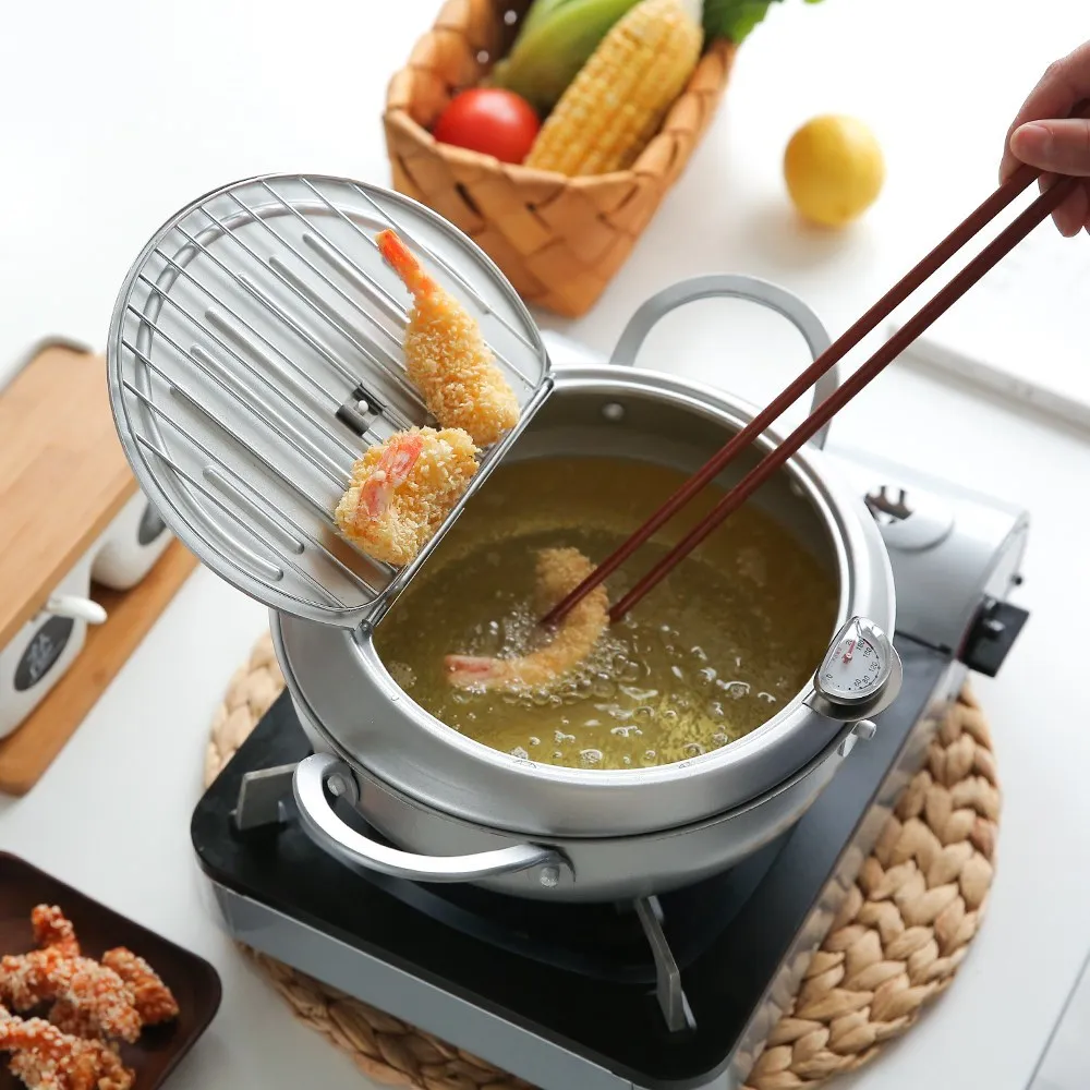 

Japanese Style Deep Frying Pot Thermometre Tempura Fryer Pan Temperature Control Fried Chicken Pot Cooking Tools Kitchen Utensil
