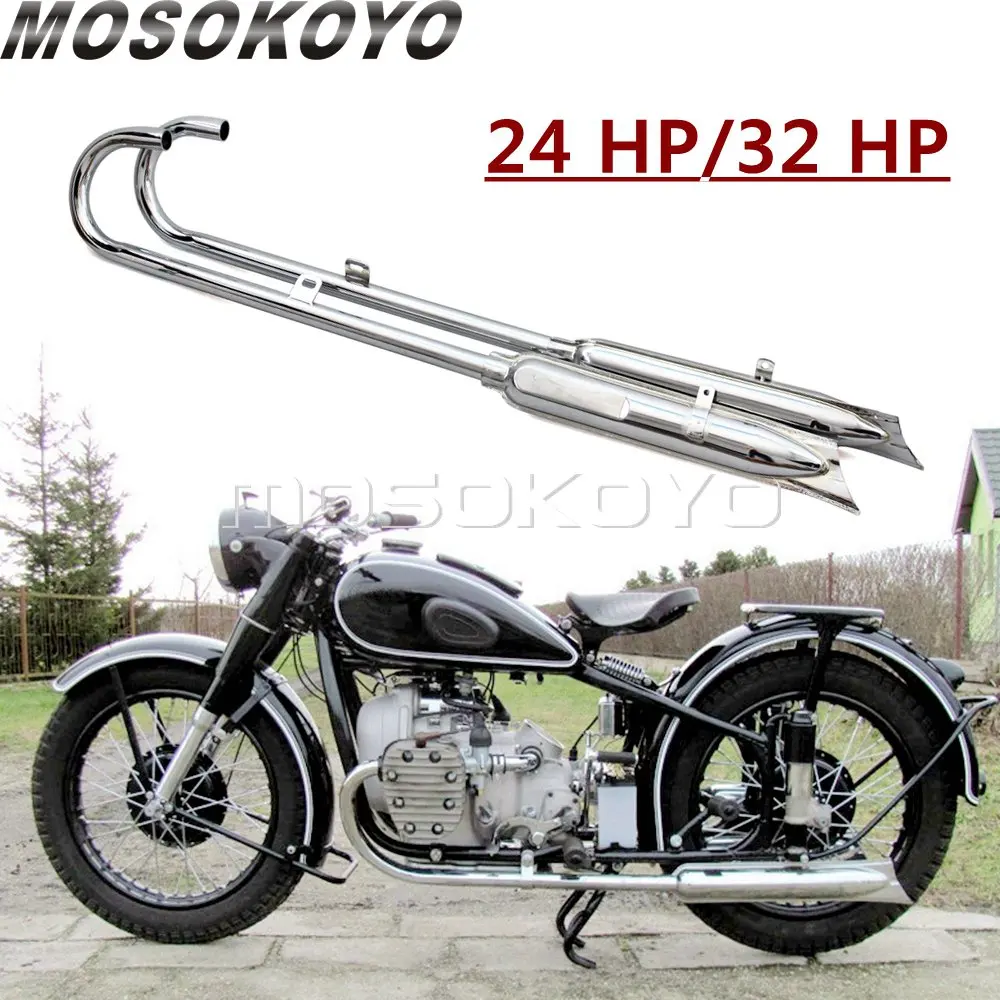 

24/32HP Full System Fish Tail Complete Exhaust Pipes Steel Muffler Silencer Pipe For BMW M72 R71 K750 KS750 R12 R75 Ural Sidecar
