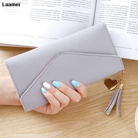 laamei 2020 fashion women wallets simple zipper purses solid color heart tassel long clutch wallet soft pu leather money bag