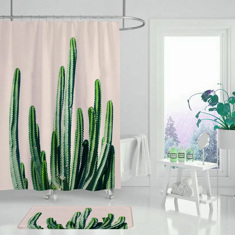 Занавеска для ванной из полиэстера с изображением кактуса и крючков защитой от