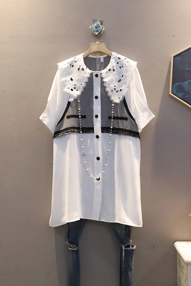 

SuperAen Retro Korean Style Contrast Color Stitching Puff Sleeve Slimming Dress Summer New Loose Plus Size Shirt Dress Female