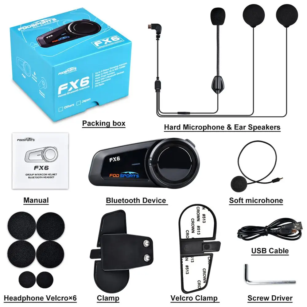 

Fodsports FX6 Интерком для мотоциклетного шлема 6, беспроводная гарнитура Bluetooth 5,0, Intercomunicador, водонепроницаемый шлем, домофон
