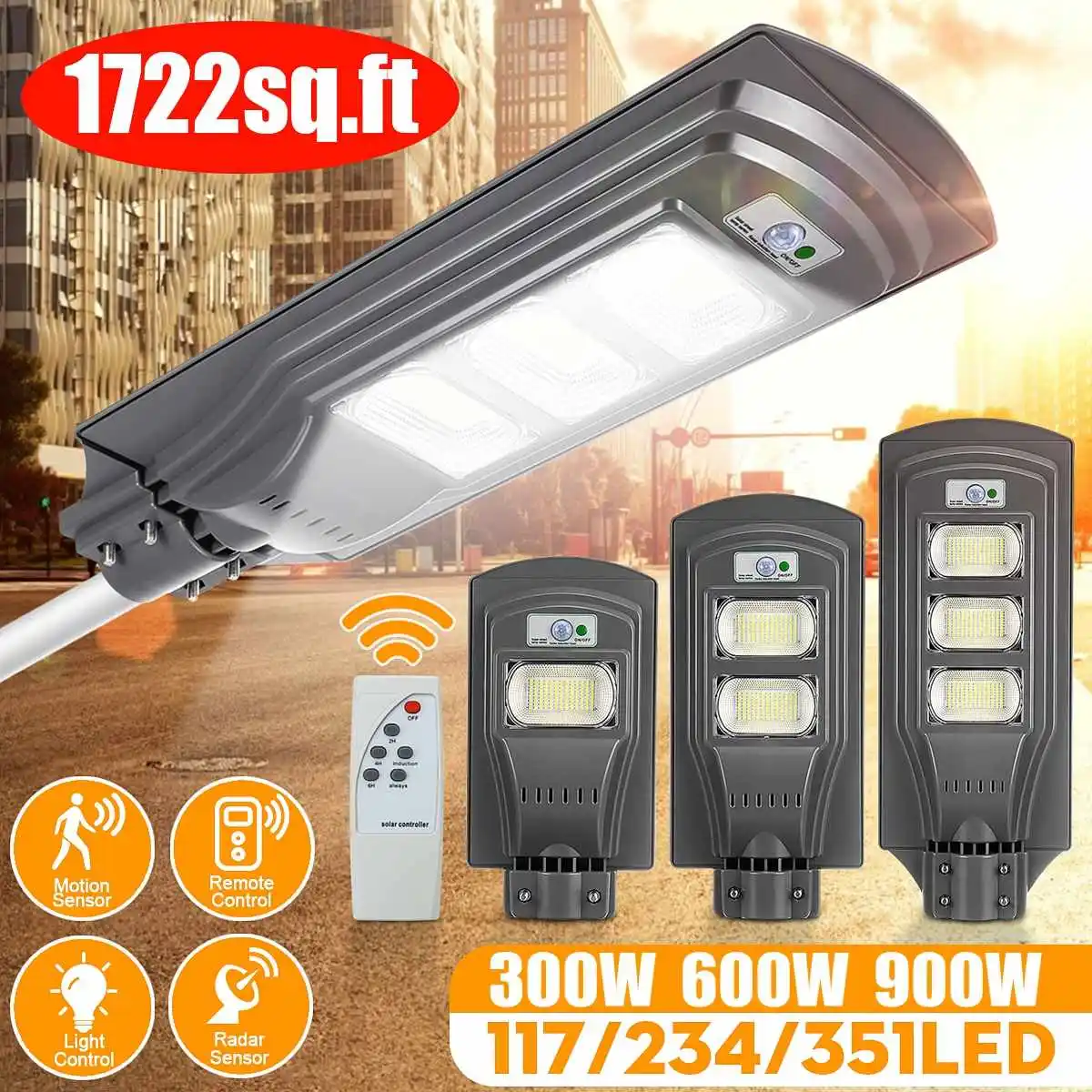 

300W/600W/900 Вт Светодиодный уличный фонарь на солнечной батарее уличный светильник на солнечной энергии с радар движения PIR Сенсор стены уличны...