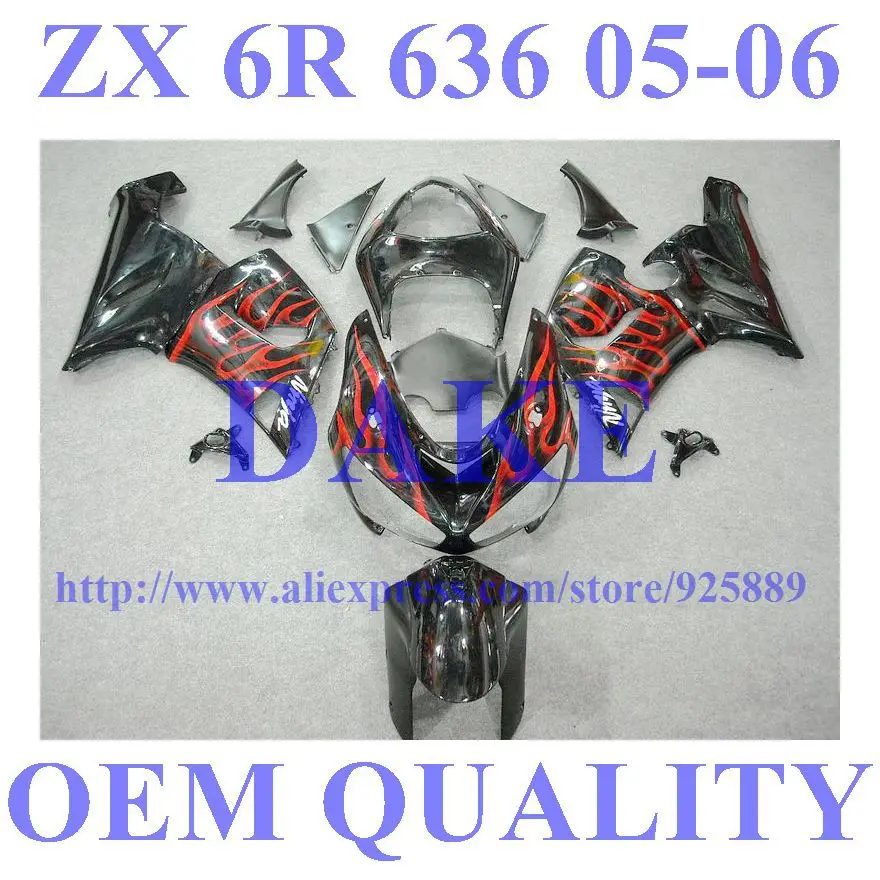 

Red Flame Black Fairing Kit For NINJA ZX 6R 636 05 06 ZX-6R DAKE ZX6R 2005 2006 ZX 6R 05 06 Bodywork ZILKS1