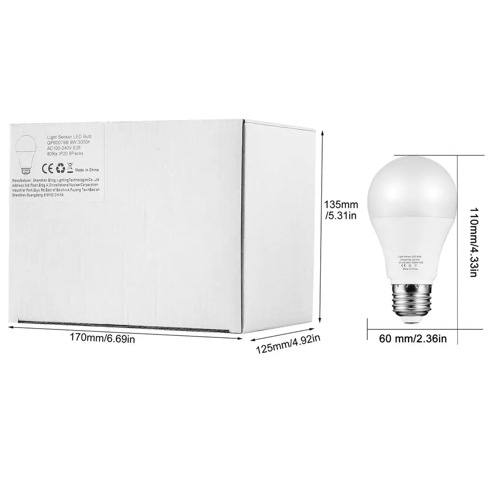 

9W E26 Intelligent Light Sensor LED Bulb 3000K with Auto Switch Outdoor/Indoor Lamp Built-in Photosensor Detection
