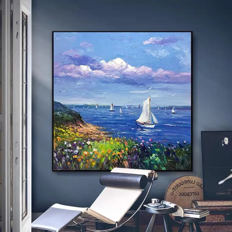 

Hand-painted oil painting sailboat seascape painting restaurant living room office decoration painting modern minimalist mural