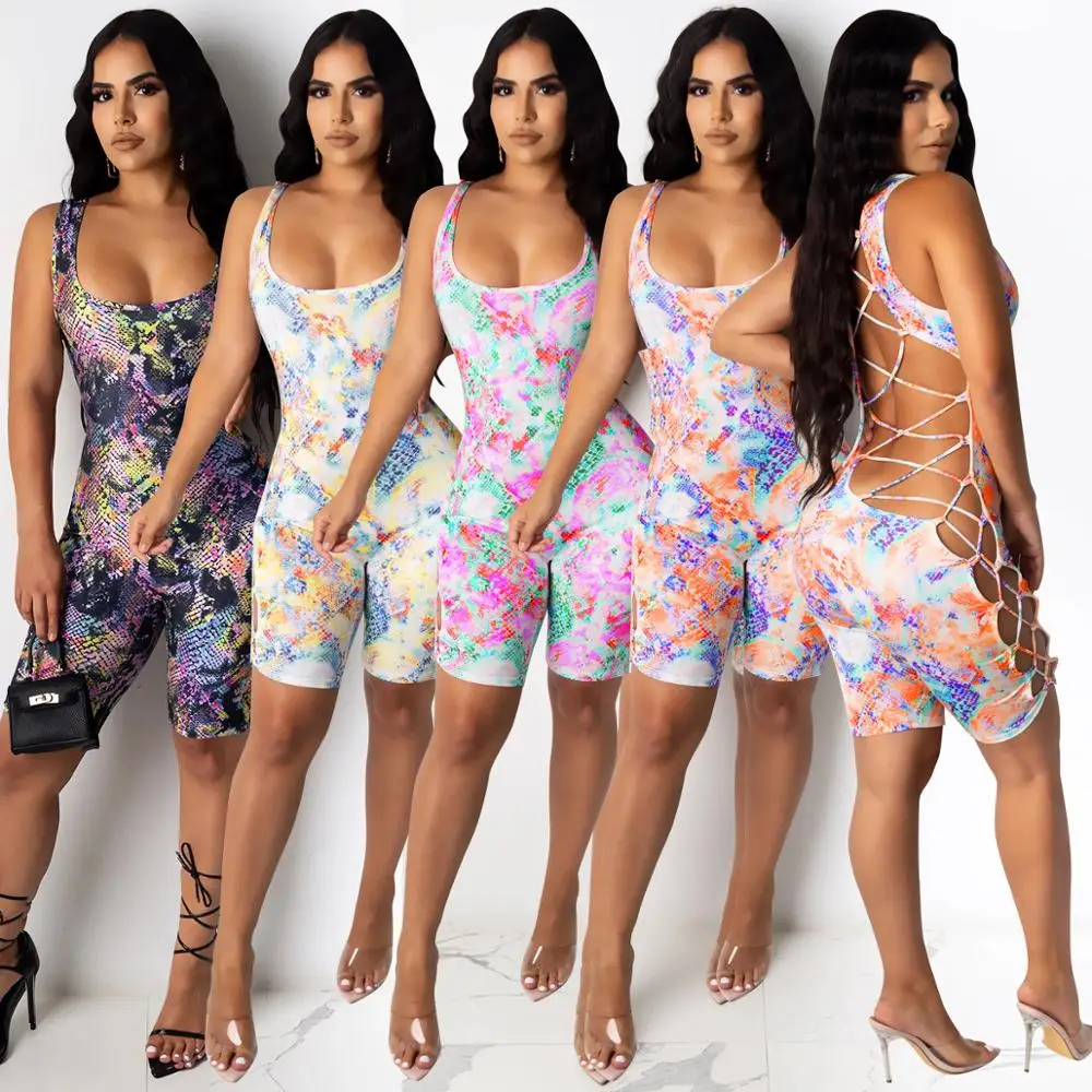 

Sexy women's jumpsuit low-cut back band tie dye cut-out print jumpsuit shorts tight hip wrap health club nightclub women's wear