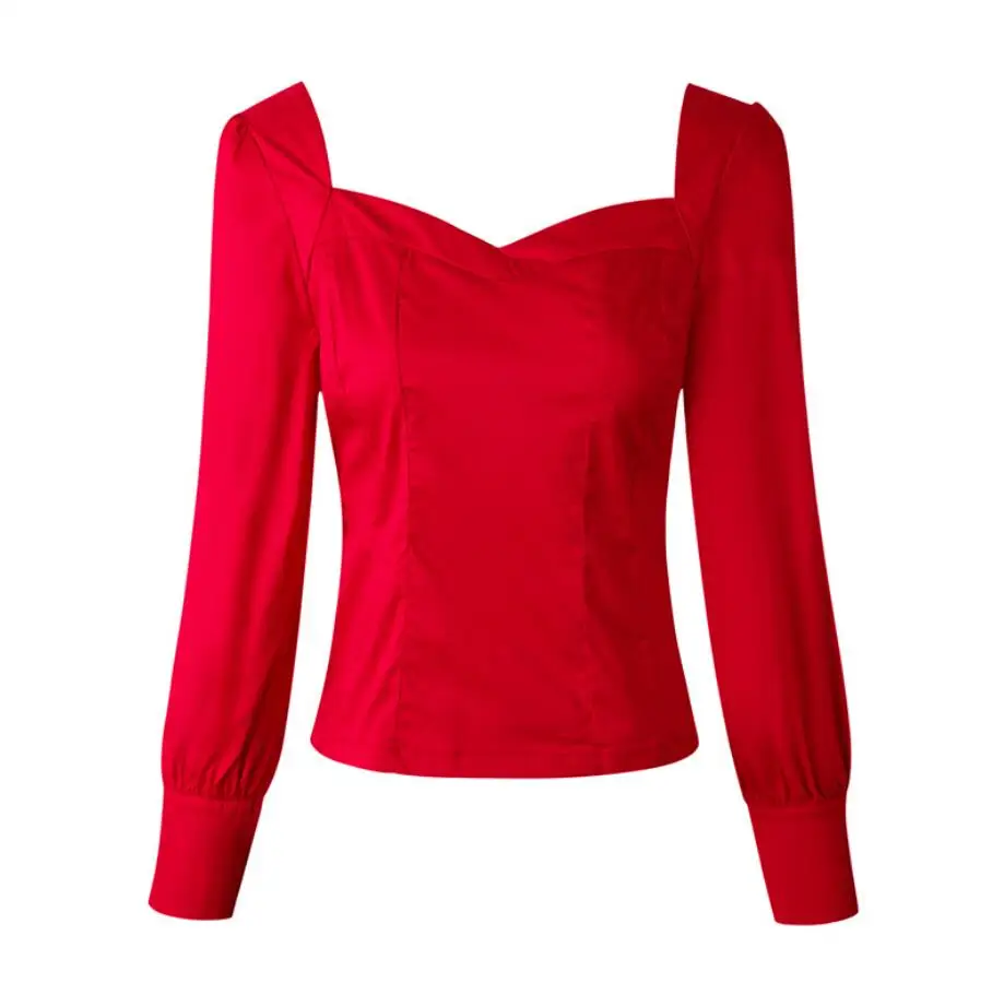

2020 new spring Women's High Quality Long Sleeve Square Collar Sexy Red Blouse top shirt r565