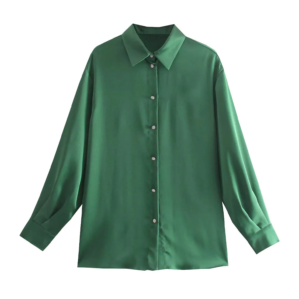 

Женская шелковая атласная Текстурированная рубашка, повседневная однотонная блузка с длинным рукавом и пуговицами, осень 2021