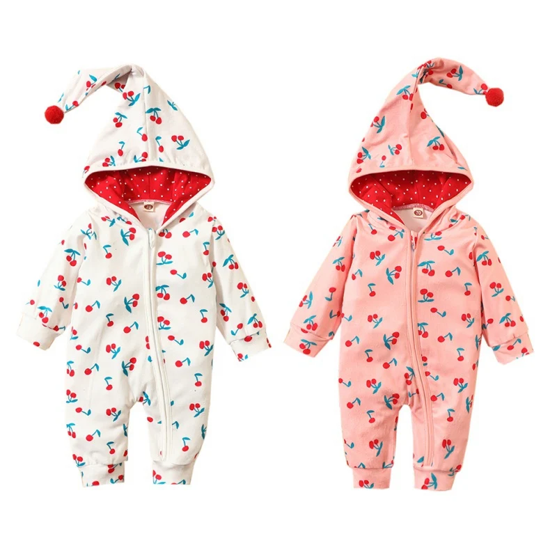 

BaAutumn Baby Boy Girl Cotton Cute Cherry Hoodie Romper Bodysuit Newborn Casual Long Sleeve Zipper Outerwear Clothes