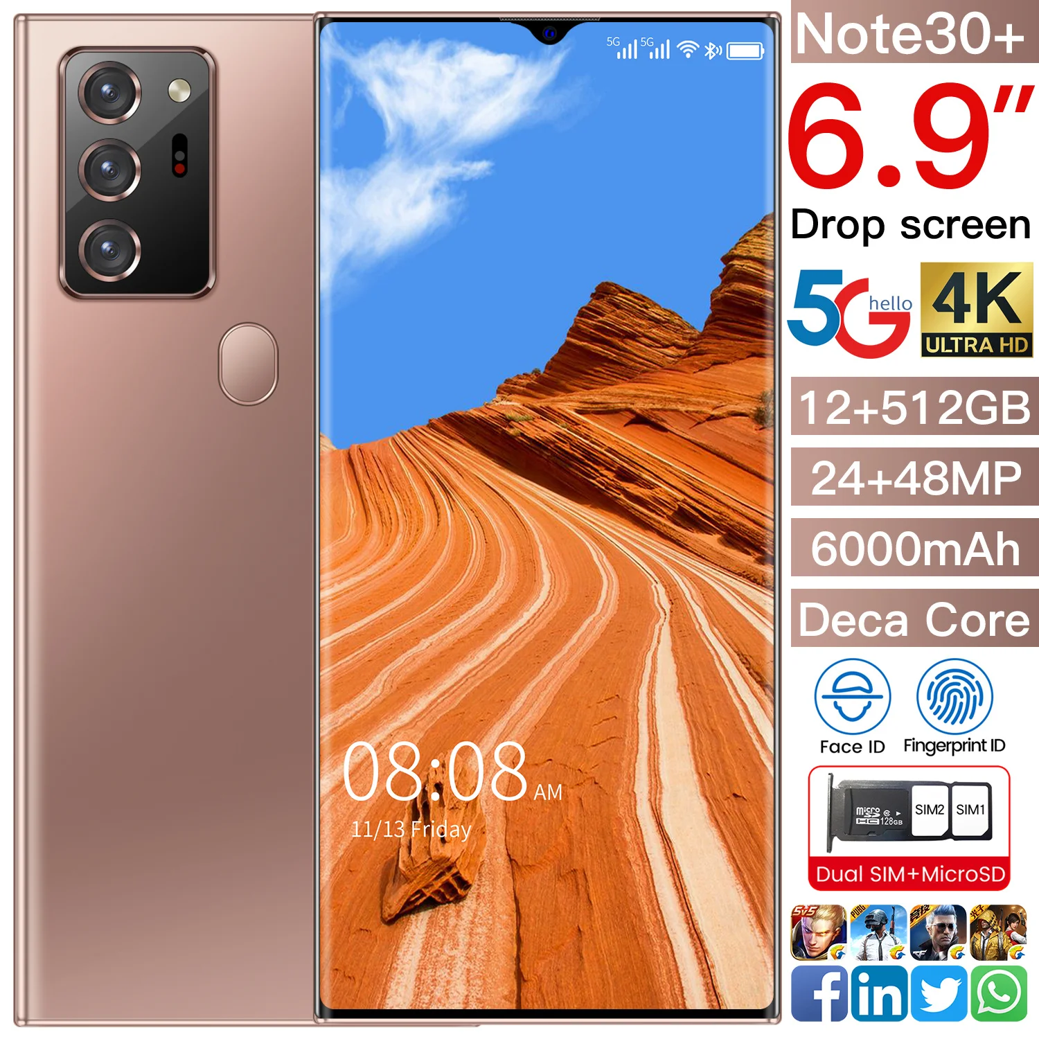 

Hot Sale Global Version Sunsamg Galxy Note30 6.9 Inch Smartphone 12GB 512GB 6000mAh Snapdragon 888 Android 10 Face ID 24MP 48MP