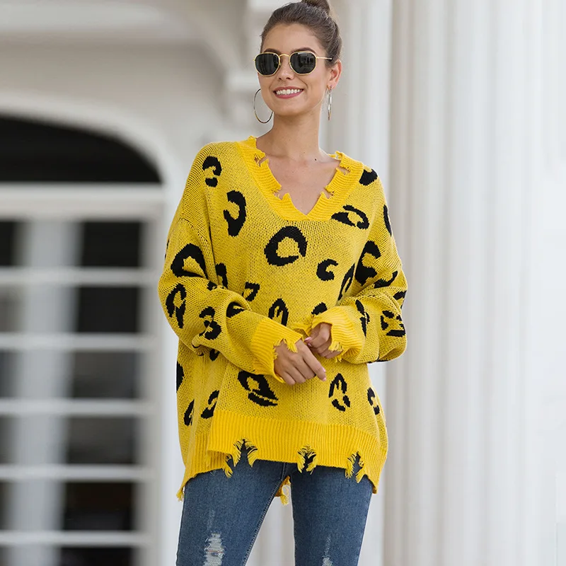 Loose Ripped Sexy Deep V Neck Jumpers Leopard Knit Women Runway Sweaters Winter Fall Pullover Long Sleeves Knitted | Женская одежда
