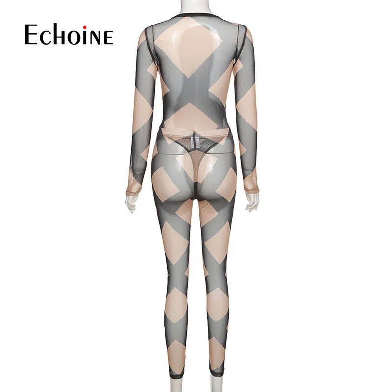

Echoine Mesh See Through Sexy elastic Two Piece Set Women Print Fashion 2021 Skinny Outfits Long Sleeve Bodysuit And Pants Sets