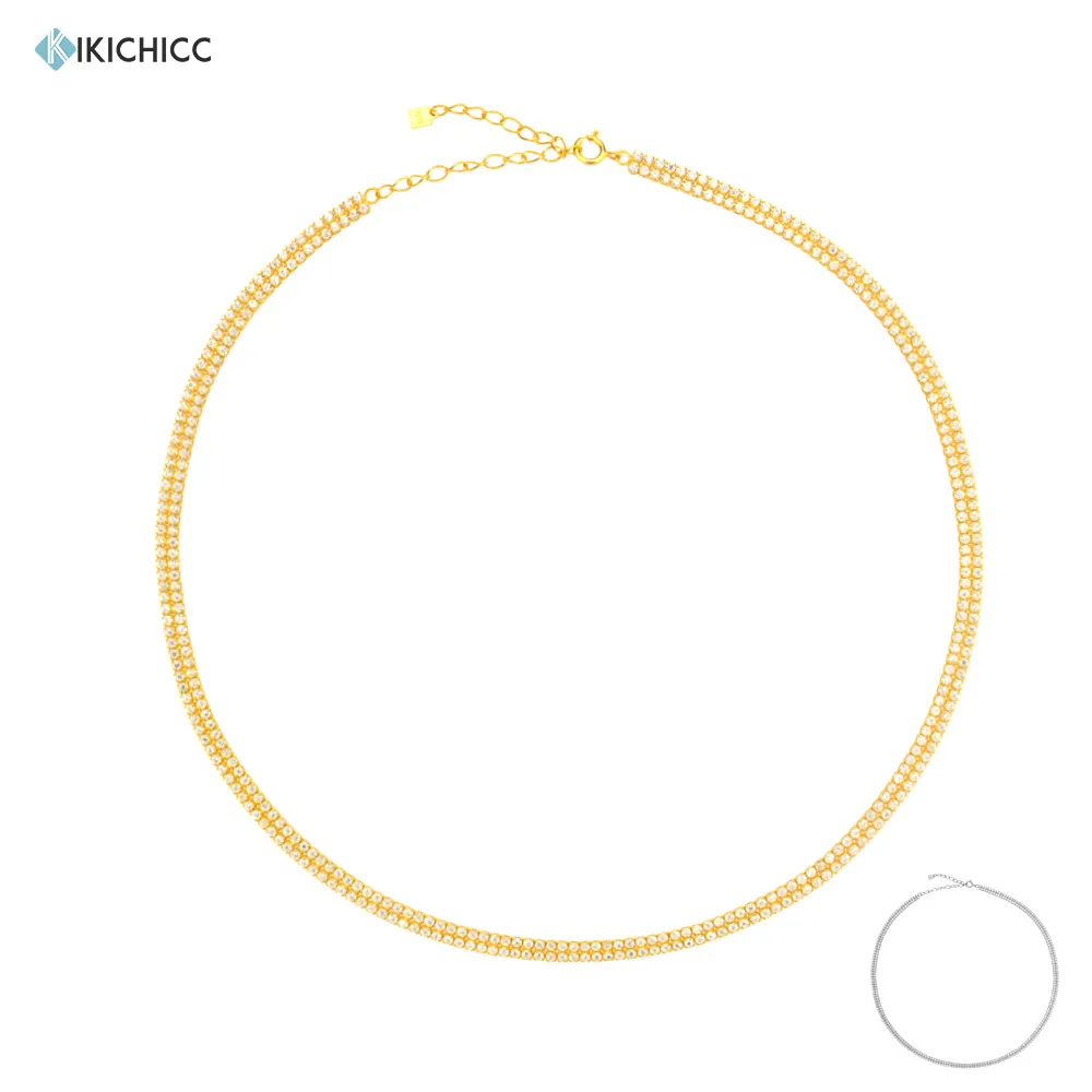 

KIKICHICC 925 Sterling Silver Gold Double ZIrcon Pave Line Choker Necklace Long Chain Two lIne Fashion Fine Jewelry Rock Punk