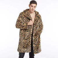 man winter keep warm faux fur coat plus size loose fashion long sleeve leopard print thicken imitation fur turn down collar coat