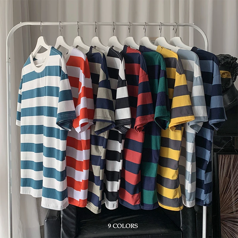 Мужская футболка с коротким рукавом Повседневная Свободная в полоску круглым