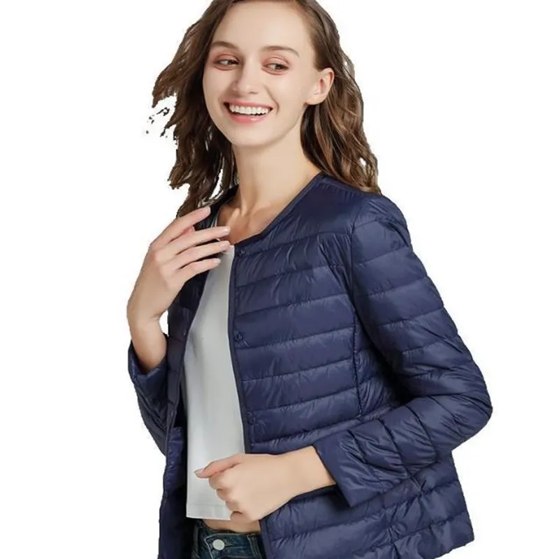 

2020 Women's New Autumn and Winter Lightweight Round Neck Down Jacket Women Short Slim Collarless Large Size Long Sleeve Jacket