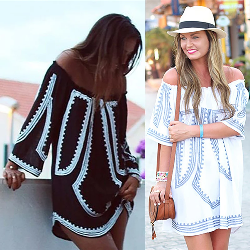 

2020 Women's Sexy Off-the-shoulder Slotted Collar 3 / 4-Sleeve Long-Sleeve Print Beach Loose Fashion Summer Chiffon Short Dress