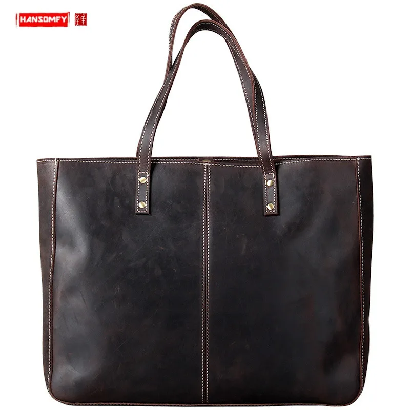 

Simple Retro Genuine Leather Men Handbag Large Capacity Tote Bag Handmade Laptop Shoulder Bag First Layer Cowhide Portable Bags