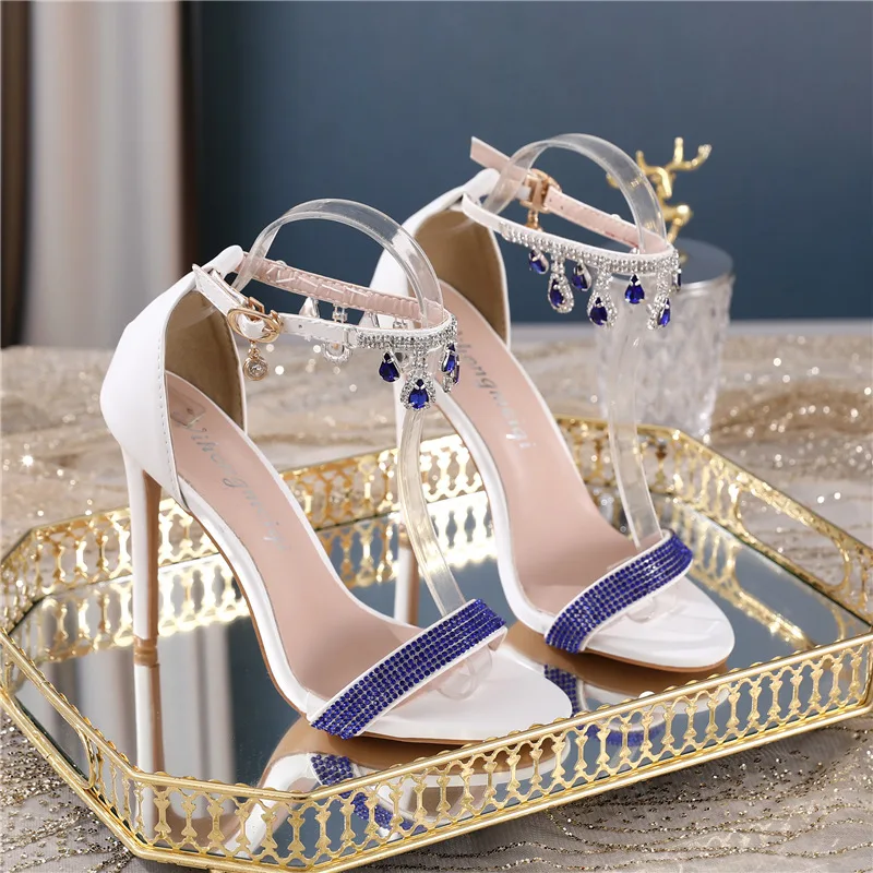 

2022 Summer 11CM Pointed Blue Rhinestone High-heels Fish mouth Large Size Buckle Rubber Fashion Sandal Women Party Dress Shoes