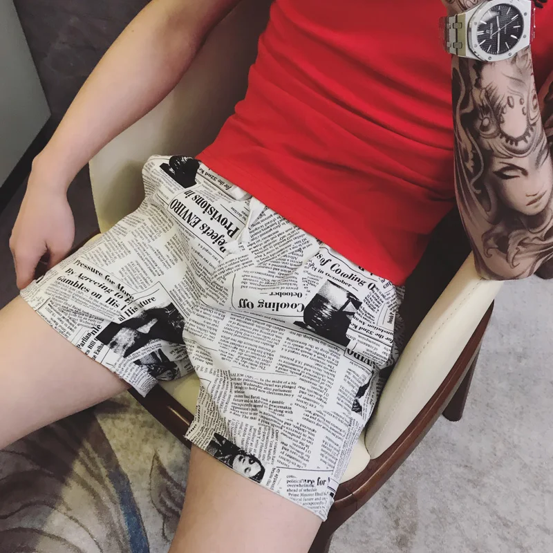 

Style Waist Elastic Printed Beach Pant Bermudas Hombre 2020 Men Sporting Beaching Pant Short Hombre Newspaper Fivepence Pants